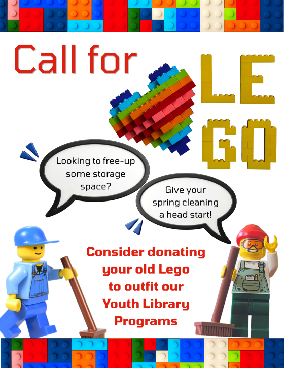 Graphic seeking LEGO donations at the Mississippi Mills Public Library