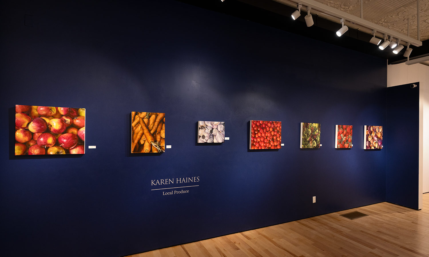 Photo of brightly coloured photographs on a navy gallery wall