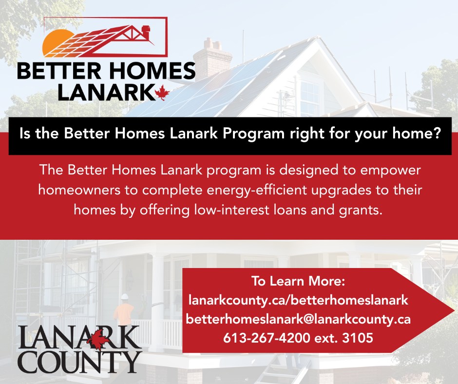 Black and red graphic promoting the Better Homes Lanark retrofit program