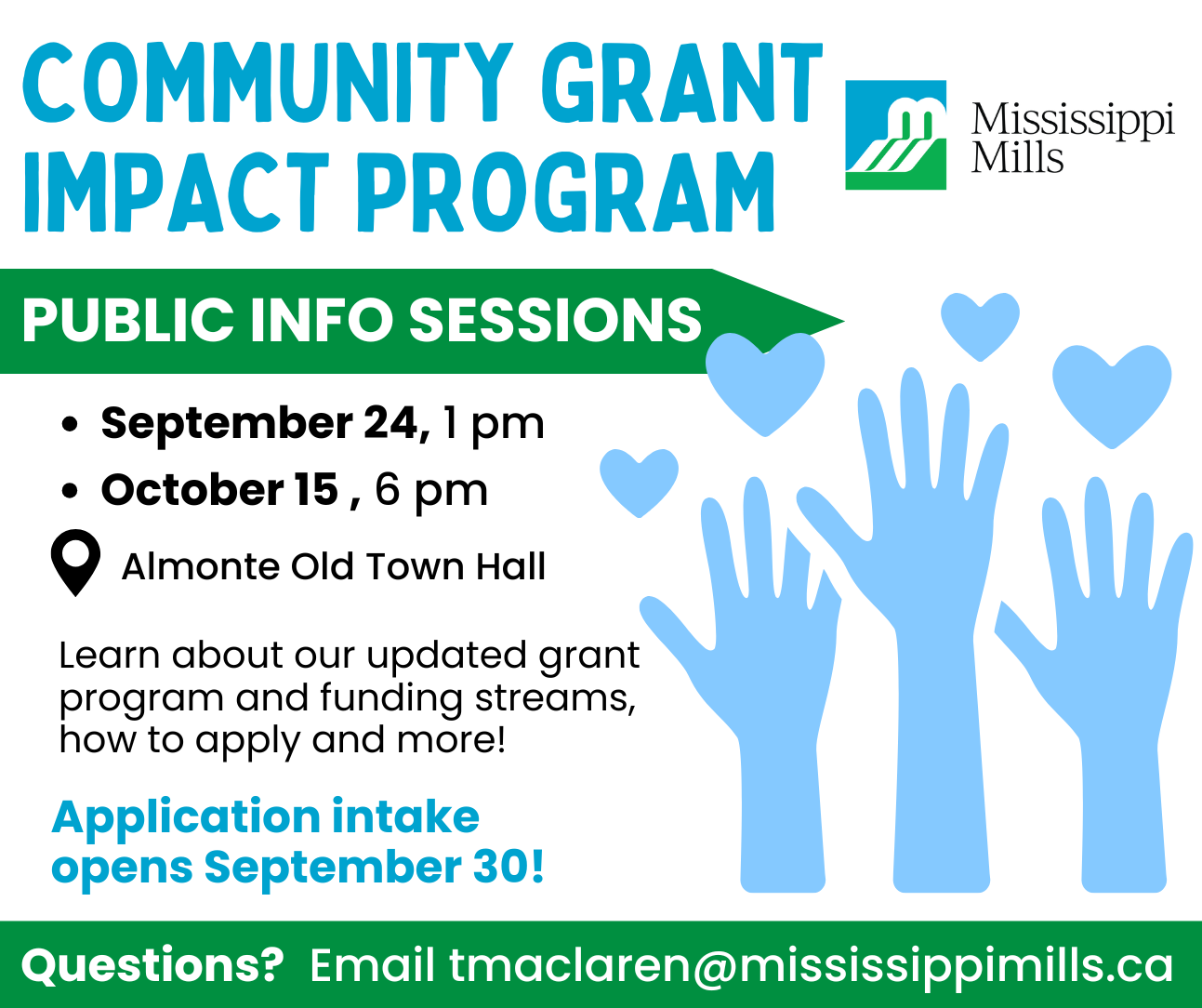 Graphic promoting public information sessions for Community Grant Impact Program
