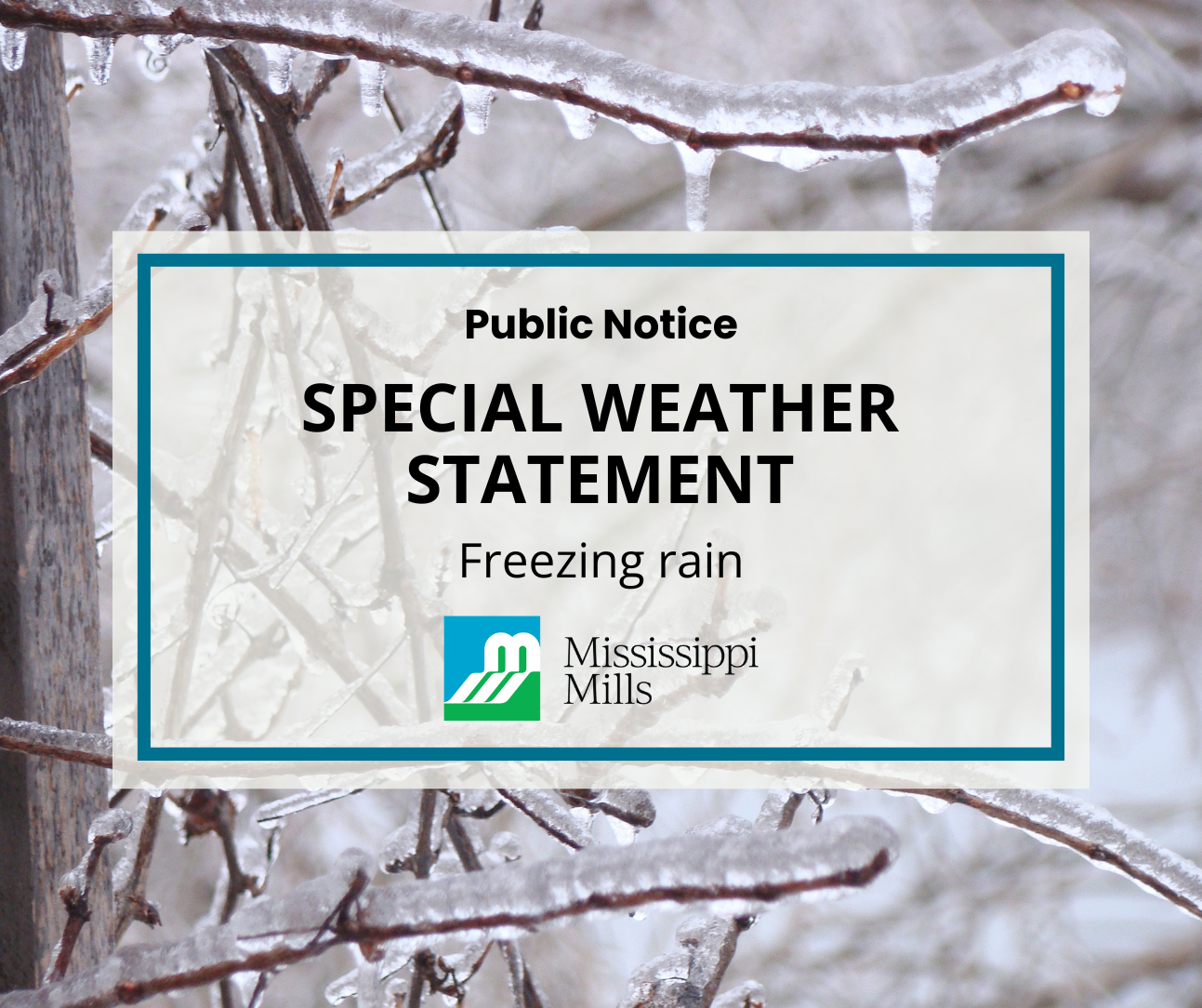 Photo of tree branches coated in ice and the text 'Public Notice - Special Weather Statement - Freezing rain'
