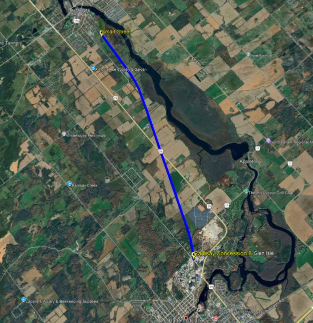 Satellite image with a blue line showing closure of the Ottawa Valley Recreational Trail within the Municipality of Mississippi Mills