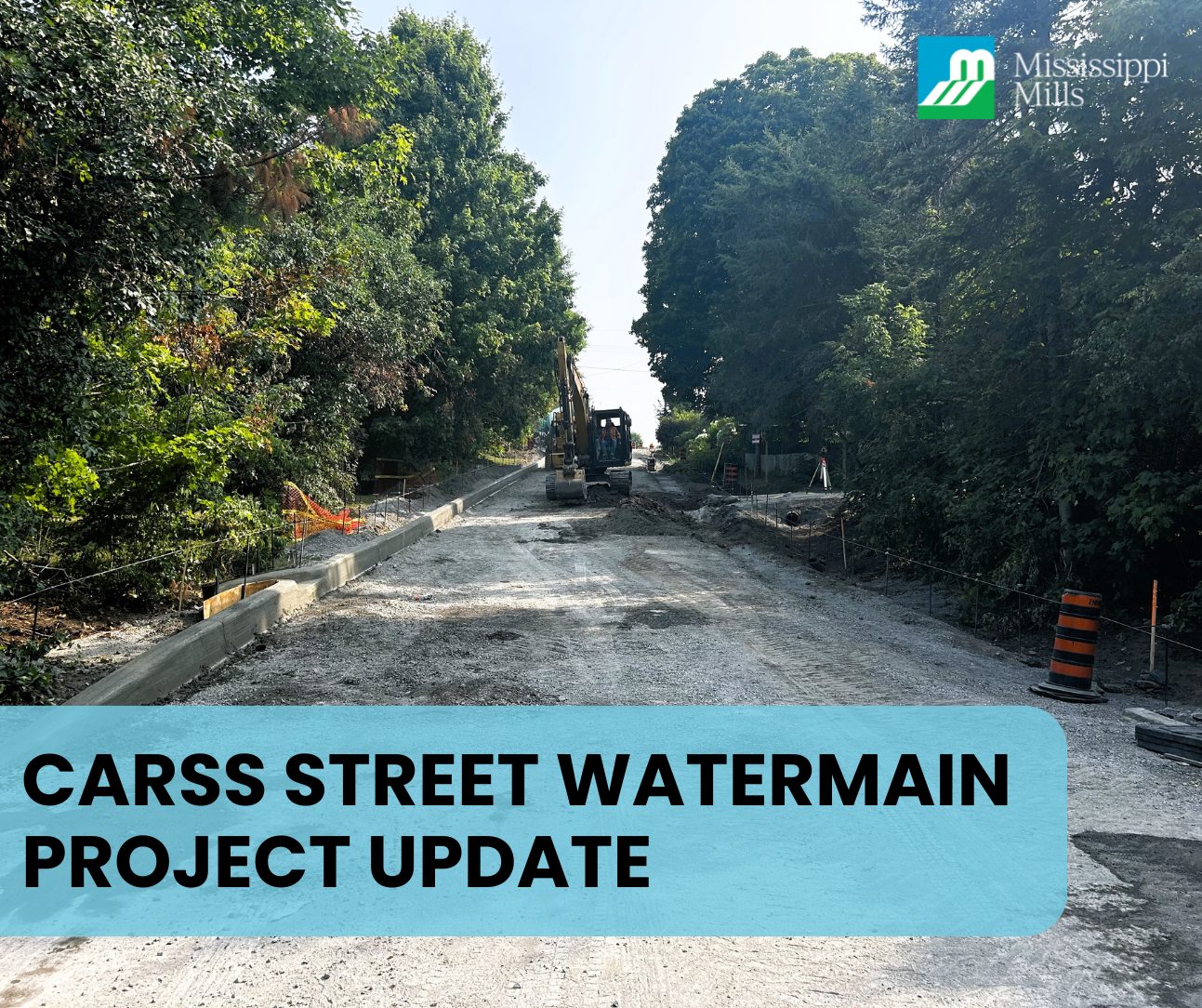 Photo of road work and the text 'Carss Street Watermain Project Update'