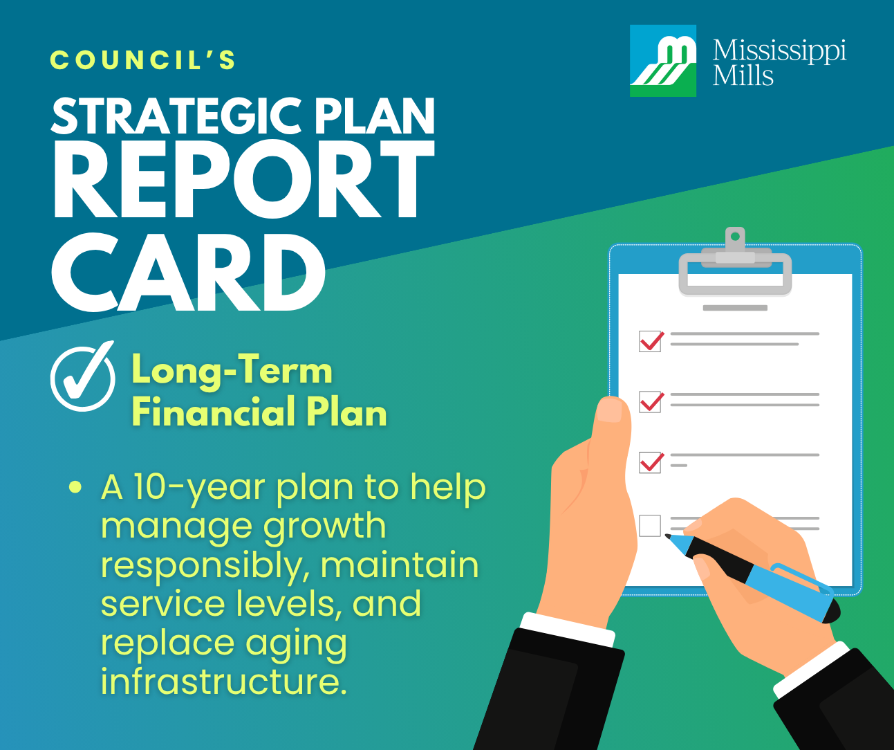 Green and blue gradient background with cartoon image of holding a clipboard and pen, checking off items on paper. Text reads 'Council's Strategic Plan Report Card: Long-Term Financial Plan - A 10-year plan to help manage growth responsibly, maintain service levels, and replace aging infrastructure.'