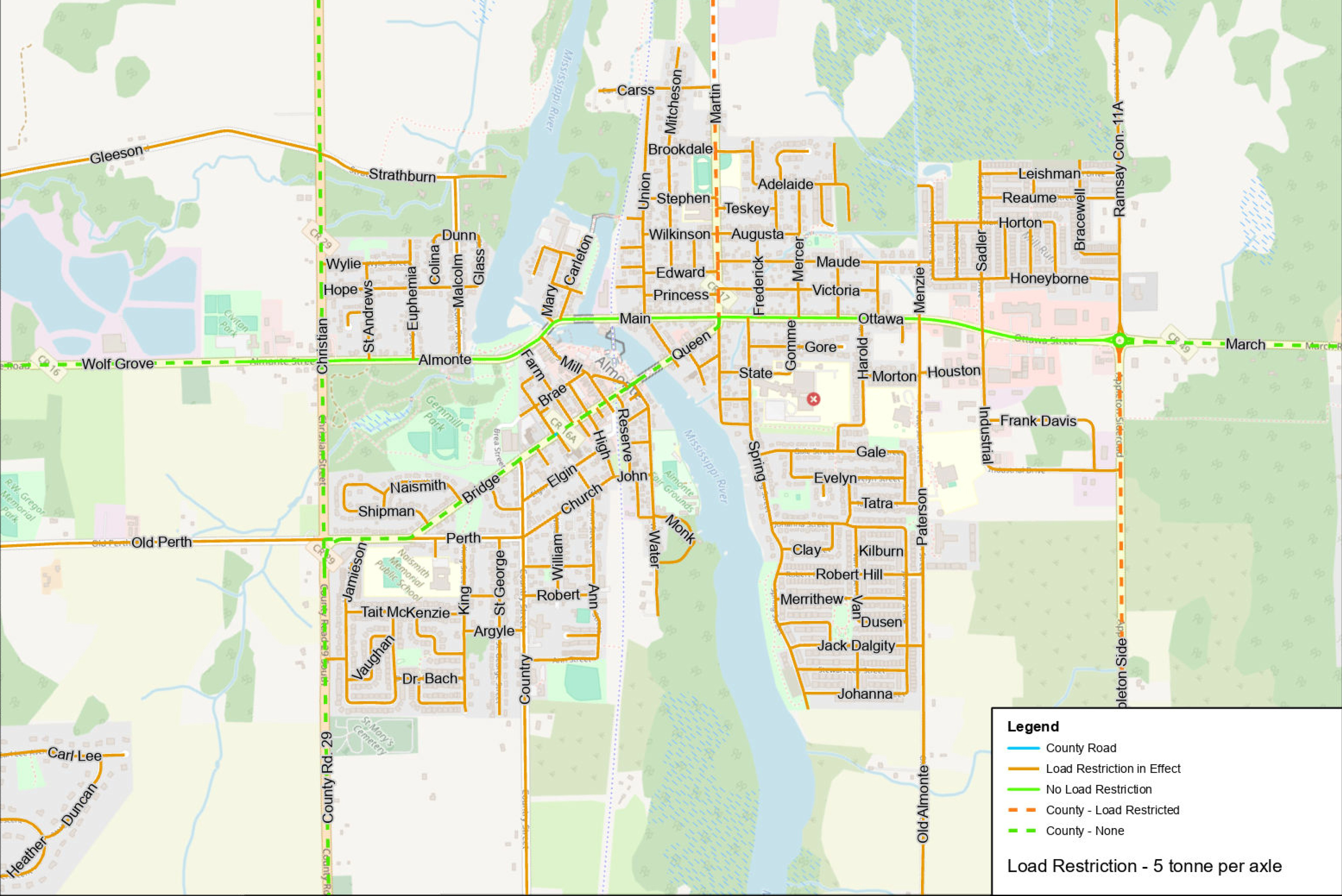 Map of 2026 seasonal load restrictions in the Municipality of Mississippi Mills