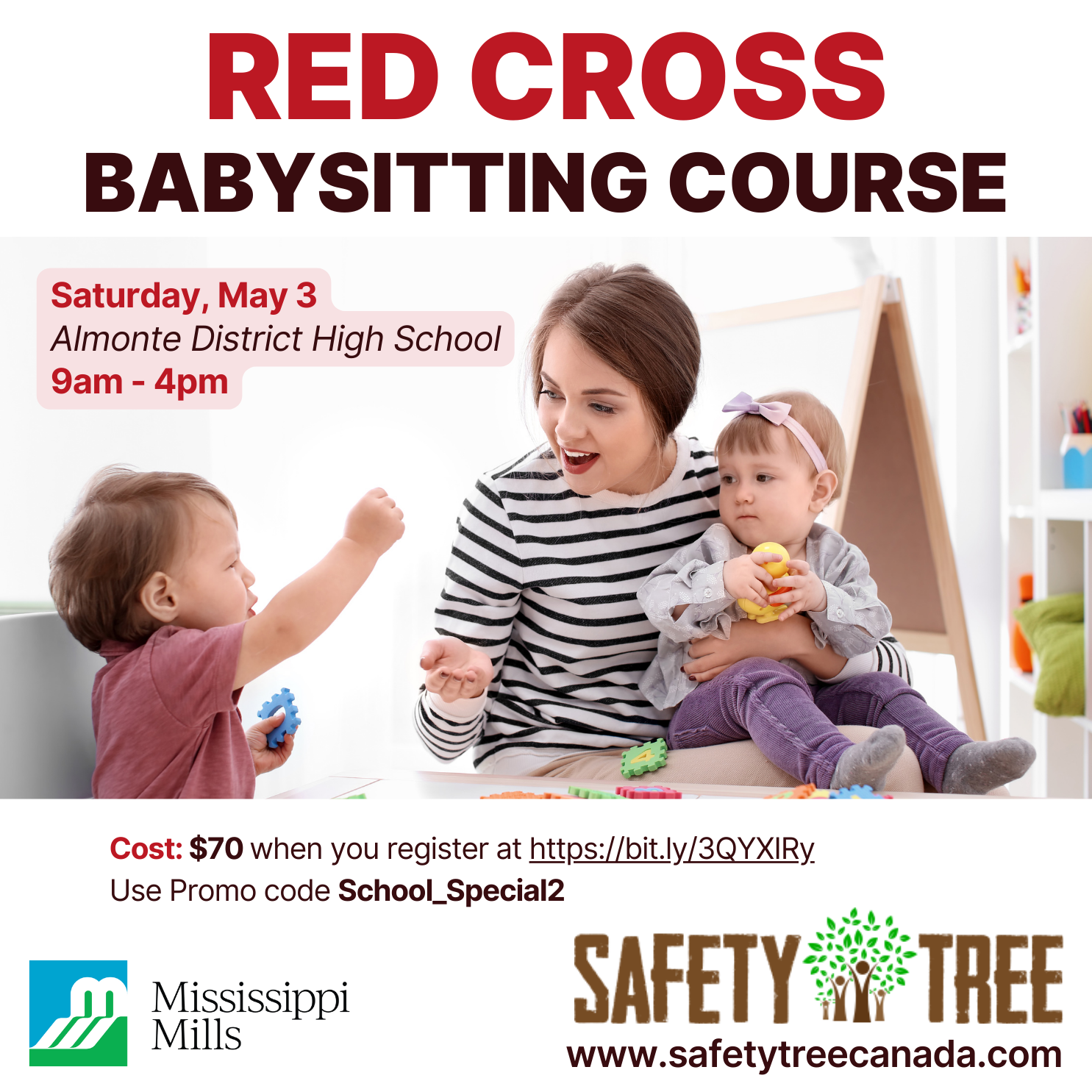 Graphic advertising Red Cross Babysitting Course on Saturday, May 3, 2025