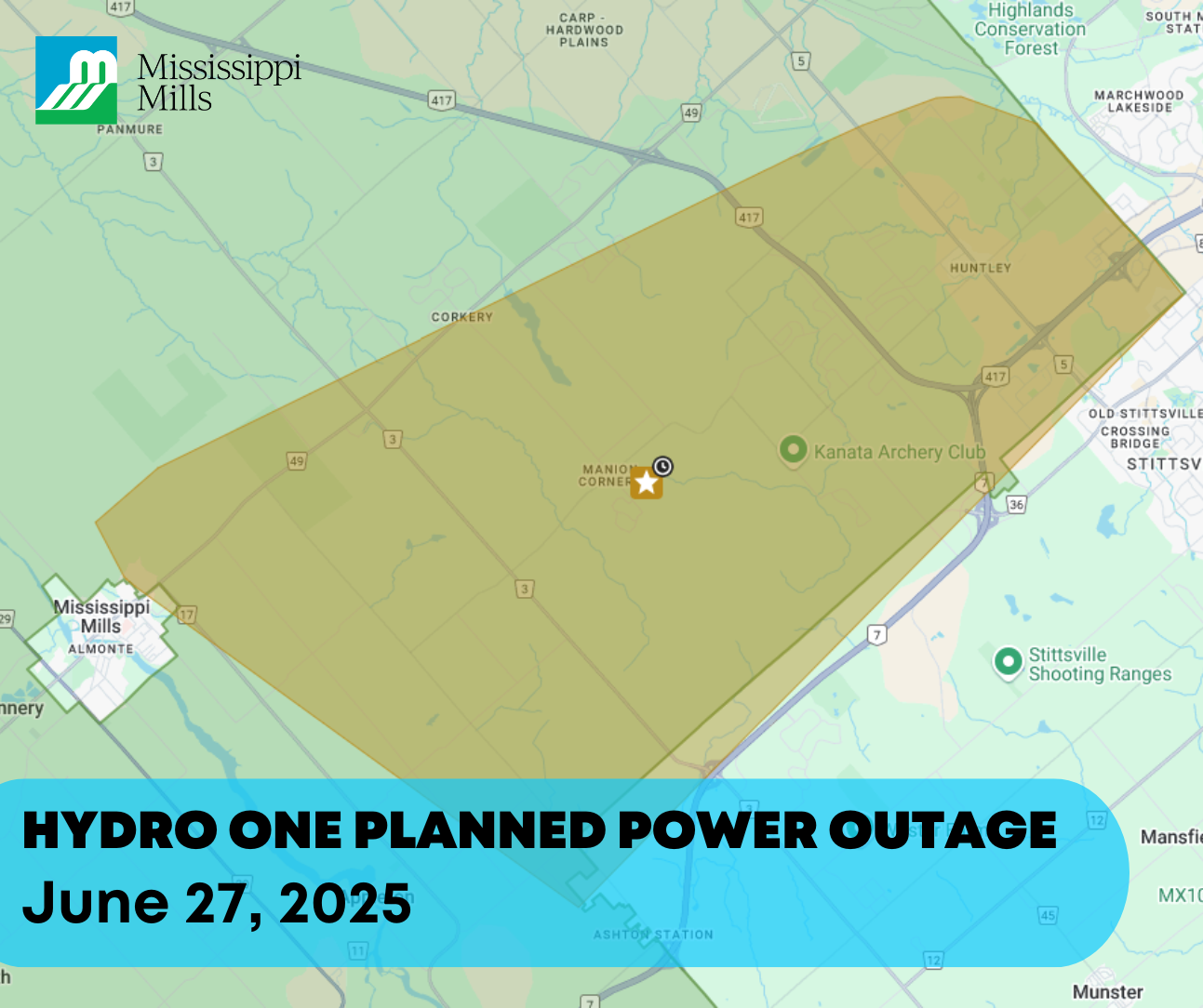 Graphic showing highlighted area and the text 'Hydro One Planned Power Outage - June 27, 2025'