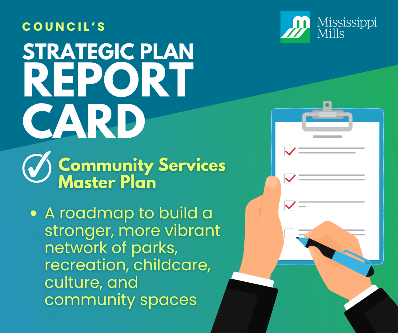Blue and green background with cartoon graphic of hands holding a clipboard and checking items off with a pen. Text reads: 'Council's Strategic Plan Report Card - Community Services Master Plan. A roadmap to build a stronger, more vibrant network of parks, recreation, childcare, culture and community spaces'