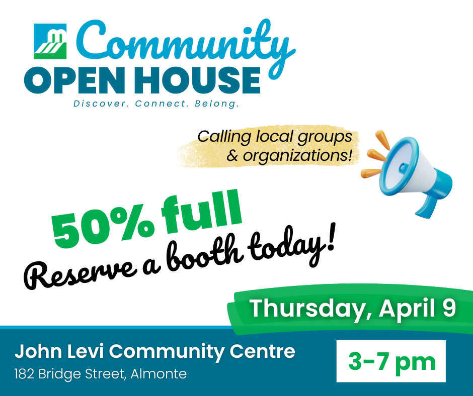 Blue, green and white graphic for MM Community Open House on April 9, showing registration is 50% full